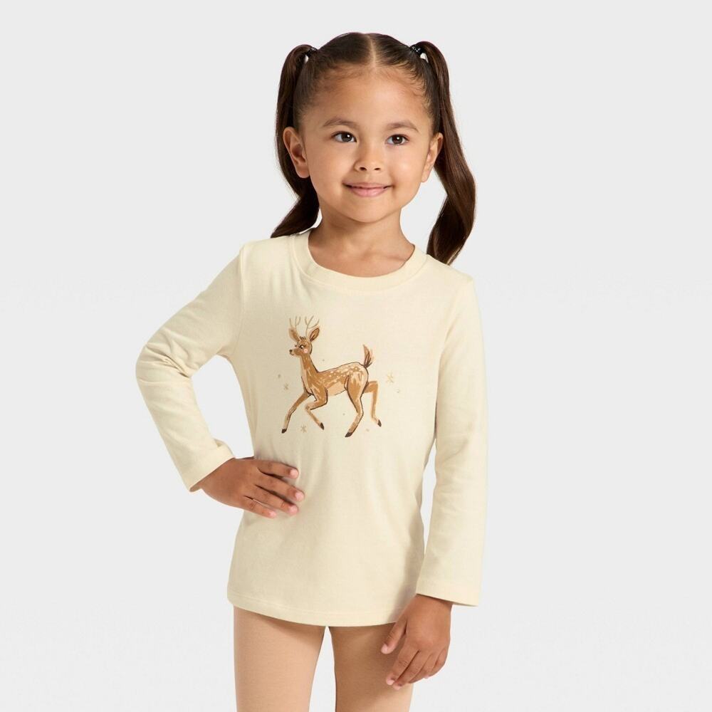 Cat & Jack Toddler Girls' Long Sleeve DEER Graphic Pullover T-Shirt Beige 18M